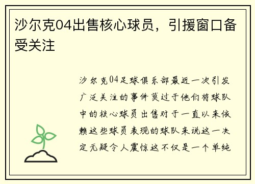 沙尔克04出售核心球员，引援窗口备受关注