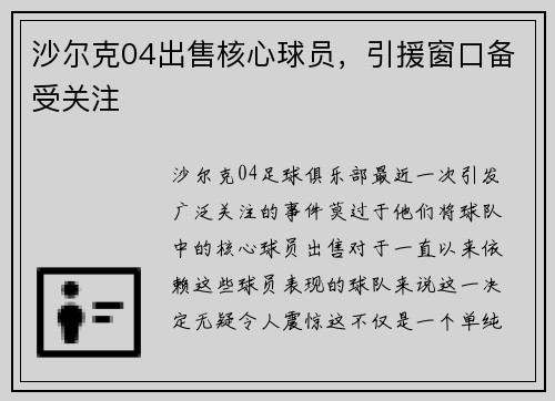 沙尔克04出售核心球员,引援窗口备受关注